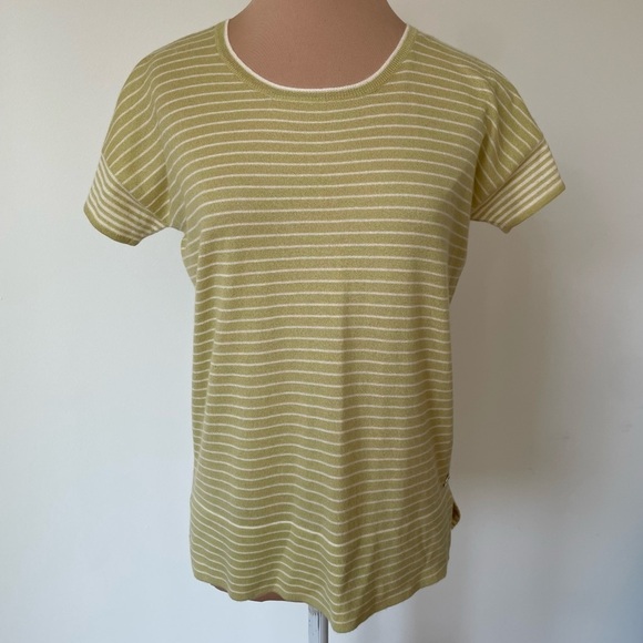 Loro Piana Chartreuse White Cashmere Striped Short Sleeve Crewneck T-Shirt EUC S - Picture 1 of 12